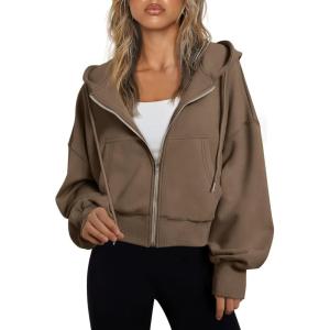 Trendy Queen Hoodies for Women Full Zip Up Cropped Sweatshirts Jackets Casual Comfy Gym Tops Fall Outfits Winter Clothes 2025(Lightcoffee)