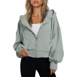 Trendy Queen Hoodies for Women Full Zip Up Cropped Sweatshirts Jackets Casual Comfy Gym Tops Fall Outfits Winter Clothes 2025(Lightgreen)