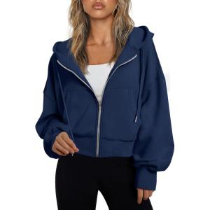 Trendy Queen Hoodies for Women Full Zip Up Cropped Sweatshirts Jackets Casual Comfy Gym Tops Fall Outfits Winter Clothes 2025(Navy)