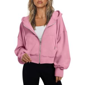 Trendy Queen Hoodies for Women Full Zip Up Cropped Sweatshirts Jackets Casual Comfy Gym Tops Fall Outfits Winter Clothes 2025(Pink)