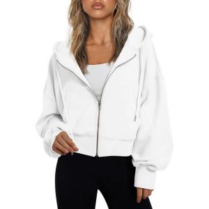 Trendy Queen Hoodies for Women Full Zip Up Cropped Sweatshirts Jackets Casual Comfy Gym Tops Fall Outfits Winter Clothes 2025(White)