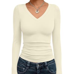 Trendy Queen Long Sleeve Shirts for Women 2025 Fall Fashion V Neck Basics Crop Tops Slim Fitted Y2K Tops Outfits Clothes(Apricot)