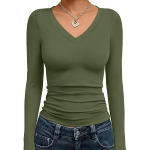 Trendy Queen Long Sleeve Shirts for Women 2025 Fall Fashion V Neck Basics Crop Tops Slim Fitted Y2K Tops Outfits Clothes(Army Green)