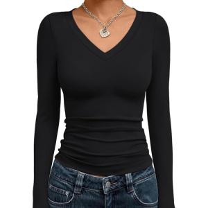 Trendy Queen Long Sleeve Shirts for Women 2025 Fall Fashion V Neck Basics Crop Tops Slim Fitted Y2K Tops Outfits Clothes(Black)