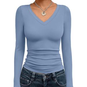 Trendy Queen Long Sleeve Shirts for Women 2025 Fall Fashion V Neck Basics Crop Tops Slim Fitted Y2K Tops Outfits Clothes(Blue Gray)