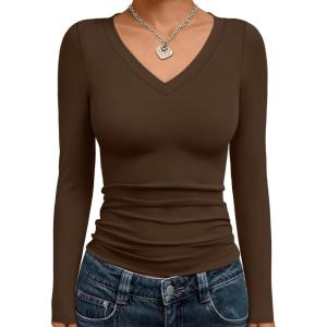Trendy Queen Long Sleeve Shirts for Women 2025 Fall Fashion V Neck Basics Crop Tops Slim Fitted Y2K Tops Outfits Clothes(Chocolate Brown)
