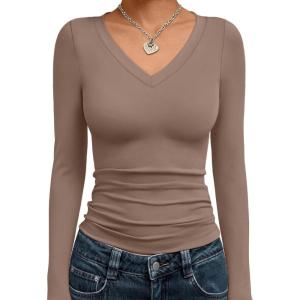 Trendy Queen Long Sleeve Shirts for Women 2025 Fall Fashion V Neck Basics Crop Tops Slim Fitted Y2K Tops Outfits Clothes(Coffee Grey)