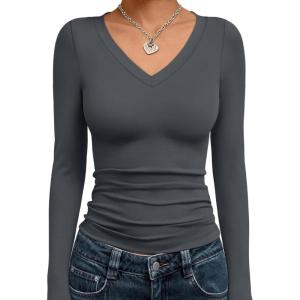 Trendy Queen Long Sleeve Shirts for Women 2025 Fall Fashion V Neck Basics Crop Tops Slim Fitted Y2K Tops Outfits Clothes(Gray)