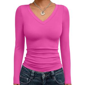 Trendy Queen Long Sleeve Shirts for Women 2025 Fall Fashion V Neck Basics Crop Tops Slim Fitted Y2K Tops Outfits Clothes(Hot Pink)
