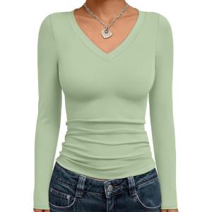 Trendy Queen Long Sleeve Shirts for Women 2025 Fall Fashion V Neck Basics Crop Tops Slim Fitted Y2K Tops Outfits Clothes(Light Green)