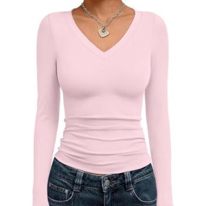 Trendy Queen Long Sleeve Shirts for Women 2025 Fall Fashion V Neck Basics Crop Tops Slim Fitted Y2K Tops Outfits Clothes(Pink)