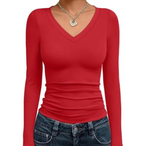 Trendy Queen Long Sleeve Shirts for Women 2025 Fall Fashion V Neck Basics Crop Tops Slim Fitted Y2K Tops Outfits Clothes(Red)