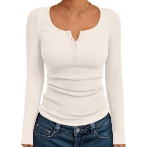Trendy Queen Long Sleeve Shirts for Women Henley Ribbed Fall Tops Dressy Business Casual Teen Girl Winter Cute Basic Tees(Beige)
