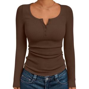 Trendy Queen Long Sleeve Shirts for Women Henley Ribbed Fall Tops Dressy Business Casual Teen Girl Winter Cute Basic Tees(Brown)