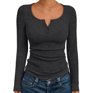Trendy Queen Long Sleeve Shirts for Women Henley Ribbed Fall Tops Dressy Business Casual Teen Girl Winter Cute Basic Tees(Dark Grey)