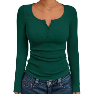 Trendy Queen Long Sleeve Shirts for Women Henley Ribbed Fall Tops Dressy Business Casual Teen Girl Winter Cute Basic Tees(Green)
