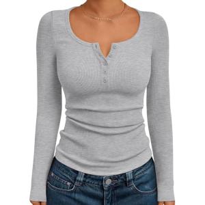 Trendy Queen Long Sleeve Shirts for Women Henley Ribbed Fall Tops Dressy Business Casual Teen Girl Winter Cute Basic Tees(Heather Grey)