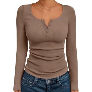 Trendy Queen Long Sleeve Shirts for Women Henley Ribbed Fall Tops Dressy Business Casual Teen Girl Winter Cute Basic Tees(Khaki)