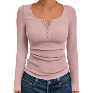 Trendy Queen Long Sleeve Shirts for Women Henley Ribbed Fall Tops Dressy Business Casual Teen Girl Winter Cute Basic Tees(Pink)