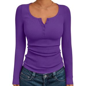 Trendy Queen Long Sleeve Shirts for Women Henley Ribbed Fall Tops Dressy Business Casual Teen Girl Winter Cute Basic Tees(Purple)