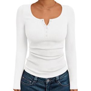 Trendy Queen Long Sleeve Shirts for Women Henley Ribbed Fall Tops Dressy Business Casual Teen Girl Winter Cute Basic Tees(White)