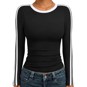 Trendy Queen Long Sleeve Workout Tops for Women Y2K Fitted Athletic Gym Shirt Trendy Color Block 2025 Fall Outfits(Black)