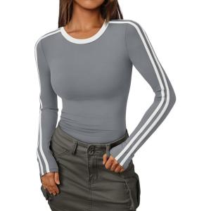 Trendy Queen Long Sleeve Workout Tops for Women Y2K Fitted Athletic Gym Shirt Trendy Color Block 2025 Fall Outfits(Gray)