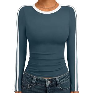 Trendy Queen Long Sleeve Workout Tops for Women Y2K Fitted Athletic Gym Shirt Trendy Color Block 2025 Fall Outfits(Haze Blue)