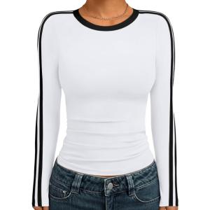 Trendy Queen Long Sleeve Workout Tops for Women Y2K Fitted Athletic Gym Shirt Trendy Color Block 2025 Fall Outfits(White)