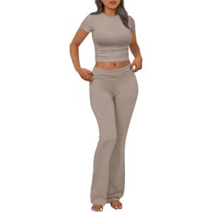 Trendy Queen Lounge Sets For Women 2 Piece Casual Y2K Outfits Short Sleeve Cropped Tops Fold Over Flare Pants Tracksuits