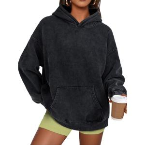 Trendy Queen Oversized Hoodies for Women Acid Wash Sweatshirt Cute Pullover Fall Winter Long Sleeve Shirts(Black)