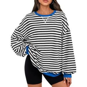 Trendy Queen Oversized Sweatshirt for Women 2025 Fall Crewneck Striped Long Sleeve Shirts Hoodies Cute Top Y2K Outfits(Blackwhite)