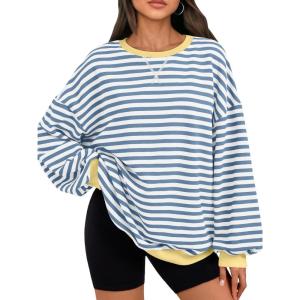 Trendy Queen Oversized Sweatshirt for Women 2025 Fall Crewneck Striped Long Sleeve Shirts Hoodies Cute Top Y2K Outfits(Bluewhite)