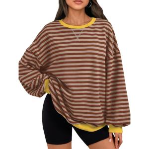 Trendy Queen Oversized Sweatshirt for Women 2025 Fall Crewneck Striped Long Sleeve Shirts Hoodies Cute Top Y2K Outfits(Brownkhaki)