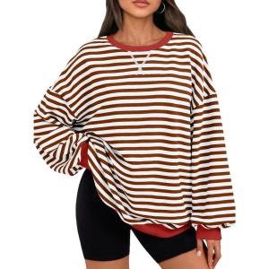 Trendy Queen Oversized Sweatshirt for Women 2025 Fall Crewneck Striped Long Sleeve Shirts Hoodies Cute Top Y2K Outfits(Brownwhite)