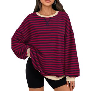 Trendy Queen Oversized Sweatshirt for Women 2025 Fall Crewneck Striped Long Sleeve Shirts Hoodies Cute Top Y2K Outfits(Burgundyblue)