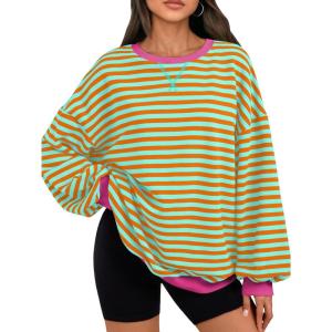 Trendy Queen Oversized Sweatshirt for Women 2025 Fall Crewneck Striped Long Sleeve Shirts Hoodies Cute Top Y2K Outfits(Orangegreen)