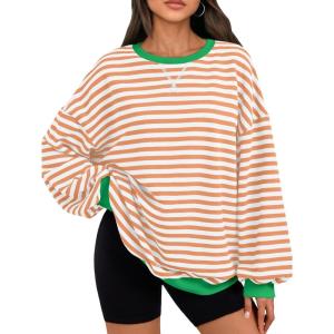 Trendy Queen Oversized Sweatshirt for Women 2025 Fall Crewneck Striped Long Sleeve Shirts Hoodies Cute Top Y2K Outfits(Orangewhite)