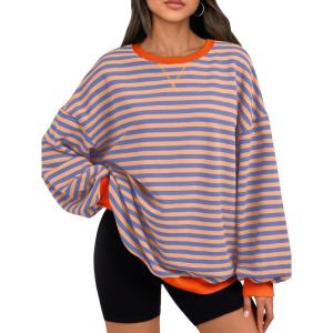 Trendy Queen Oversized Sweatshirt for Women 2025 Fall Crewneck Striped Long Sleeve Shirts Hoodies Cute Top Y2K Outfits(Pinkblue)