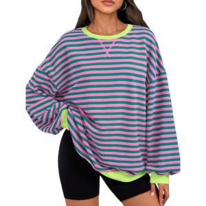 Trendy Queen Oversized Sweatshirt for Women 2025 Fall Crewneck Striped Long Sleeve Shirts Hoodies Cute Top Y2K Outfits(Pinkgreen)