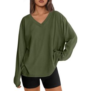 Trendy Queen Oversized Tshirts for Women Workout Plus Size Gym Tops V Neck Long Sleeve T Shirts Spring Casual Basic Tees(Army Green)