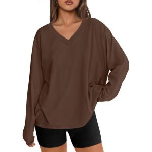 Trendy Queen Oversized Tshirts for Women Workout Plus Size Gym Tops V Neck Long Sleeve T Shirts Spring Casual Basic Tees(Coffee)