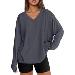 Trendy Queen Oversized Tshirts for Women Workout Plus Size Gym Tops V Neck Long Sleeve T Shirts Spring Casual Basic Tees(Deep Grey)
