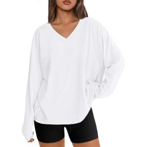 Trendy Queen Oversized Tshirts for Women Workout Plus Size Gym Tops V Neck Long Sleeve T Shirts Spring Casual Basic Tees(White)