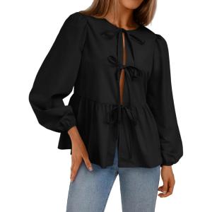Trendy Queen Tir Front Tops Women Fall Fashion Top Babydoll Peplum Blouse Puff Long Sleeve Shirts Bow Tie Shirts Trendy(Black)