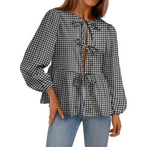 Trendy Queen Tir Front Tops Women Fall Fashion Top Babydoll Peplum Blouse Puff Long Sleeve Shirts Bow Tie Shirts Trendy(Plaid Black)