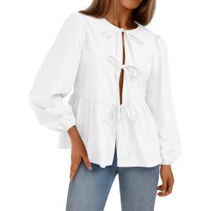 Trendy Queen Tir Front Tops Women Fall Fashion Top Babydoll Peplum Blouse Puff Long Sleeve Shirts Bow Tie Shirts Trendy(White)
