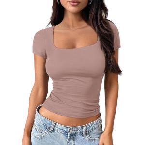 Trendy Queen Tshirts Shirts for Women Double Lined Going Out Crop Tops 2025 Spring Summer Workout Y2k Clothes Beach Fashion(Coffeegrey)