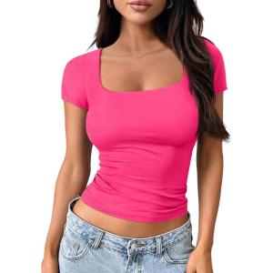 Trendy Queen Tshirts Shirts for Women Double Lined Going Out Crop Tops 2025 Spring Summer Workout Y2k Clothes Beach Fashion(Neonpink)