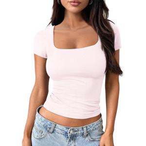 Trendy Queen Tshirts Shirts for Women Double Lined Going Out Crop Tops 2025 Spring Summer Workout Y2k Clothes Beach Fashion(Pink)